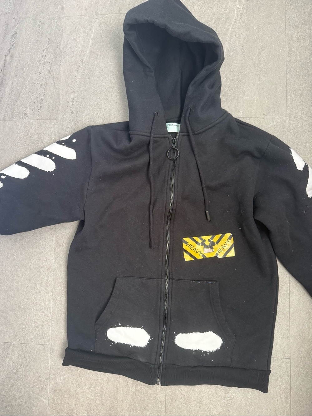 Off-White Black Zip-Up Hoodie with Yellow Patch